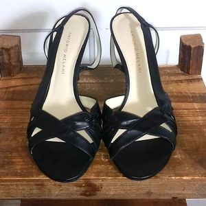 NWB Antonio Melani Black Leather Open Toe Heels